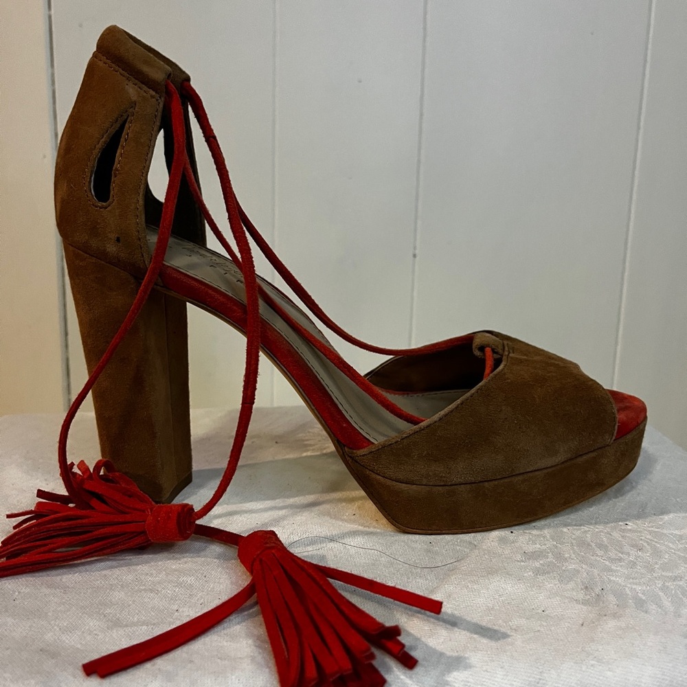 Lord & Taylor Brown Suede Platform Heels with Red Tassels